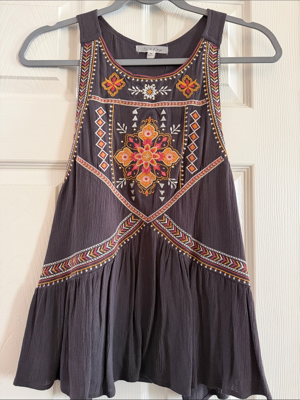 Taylor & Sage Charcoal Tank with Multicolor Floral Embroidery